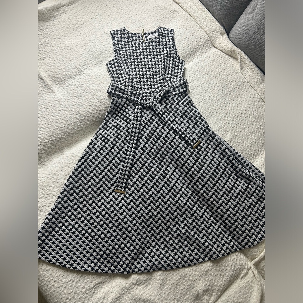 Calvin Klein Houndstooth Maxi Dress with Gold Detailing